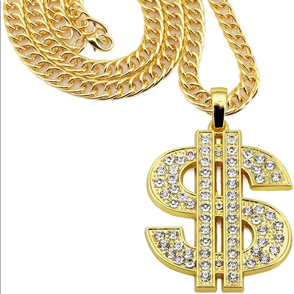 Zara $ Money Gold + Clear Crystals Link Chain Necklace Hip Hop - Picture 14 of 16